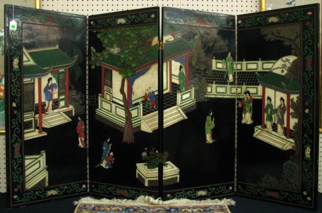 Appraisal: Japanese Four-Panel Lacquer Screen half size with figures and architectural