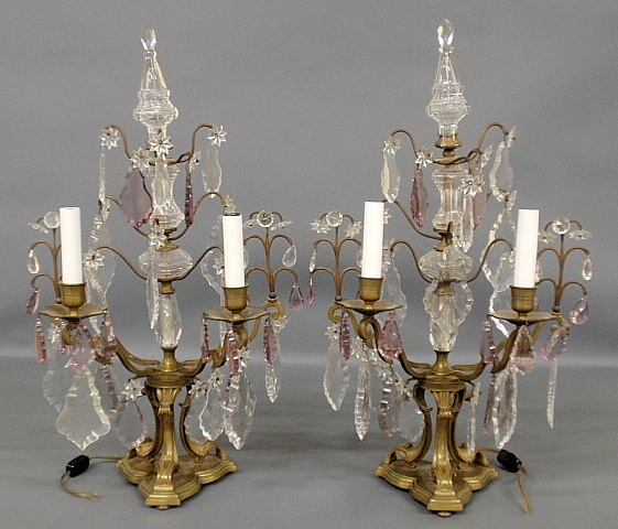 Appraisal: - Pair of brass and crystal garnitures c with clear