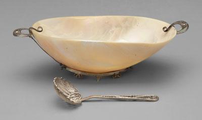 Appraisal: Shell bowl with silver mounts bowl probably from nautilus shell