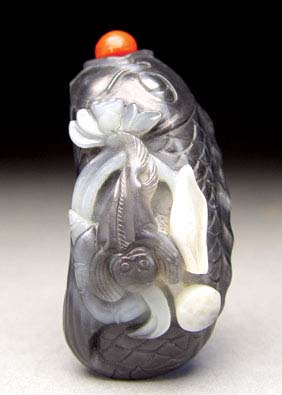 Appraisal: BLACK JADE SNUFF BOTTLE Unusual and very well detailed and