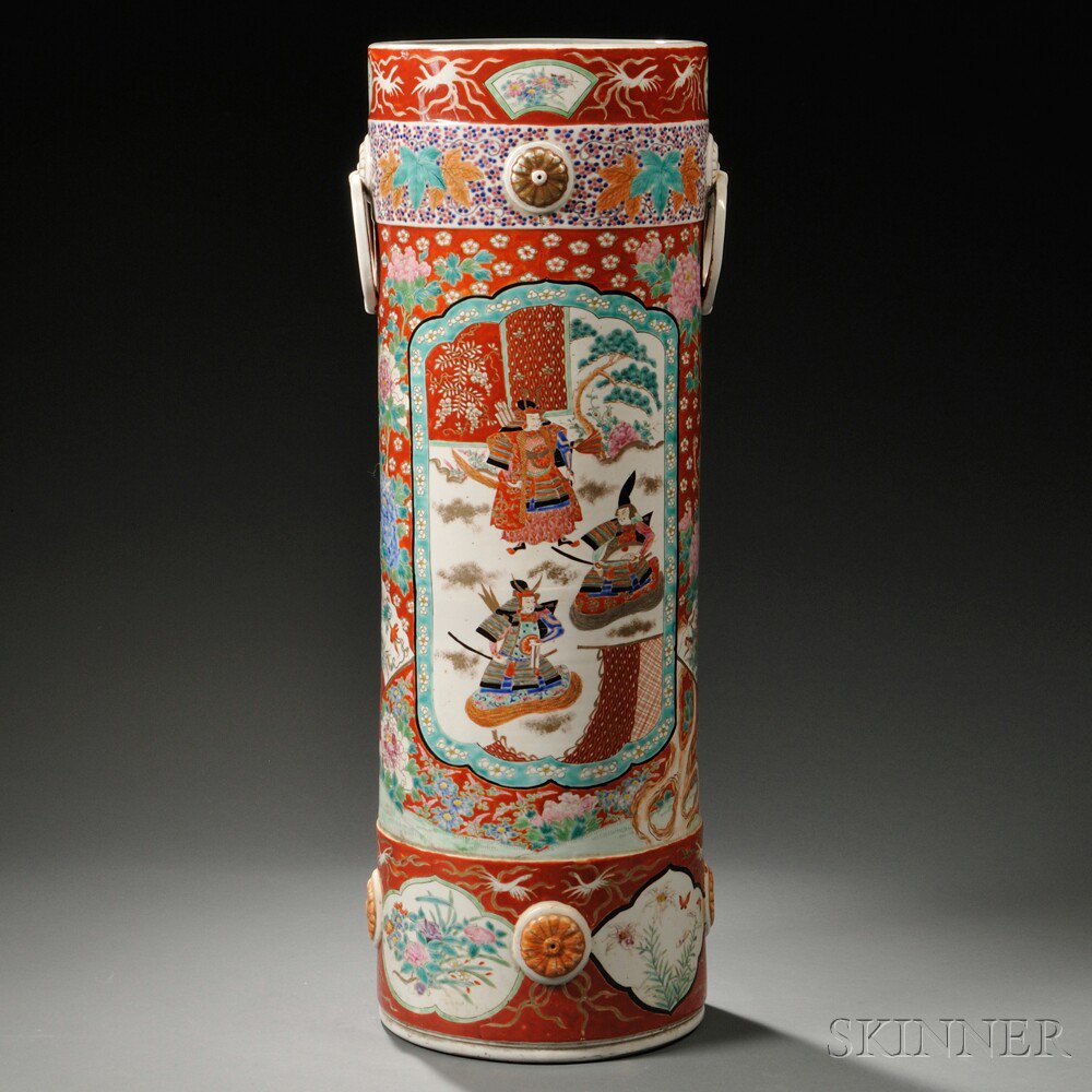 Appraisal: Kutani Umbrella Stand Japan cylindrical decorated with molded chrysanthemum blossoms