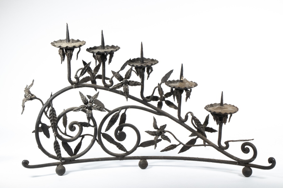 Appraisal: FORGED IRON PRICKET CANDELABRUM Circa s Iron Five Light Pricket