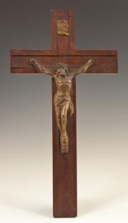 Appraisal: Small Gilt Spelter and Inlaid Mahogany Crucifix e Small Gilt