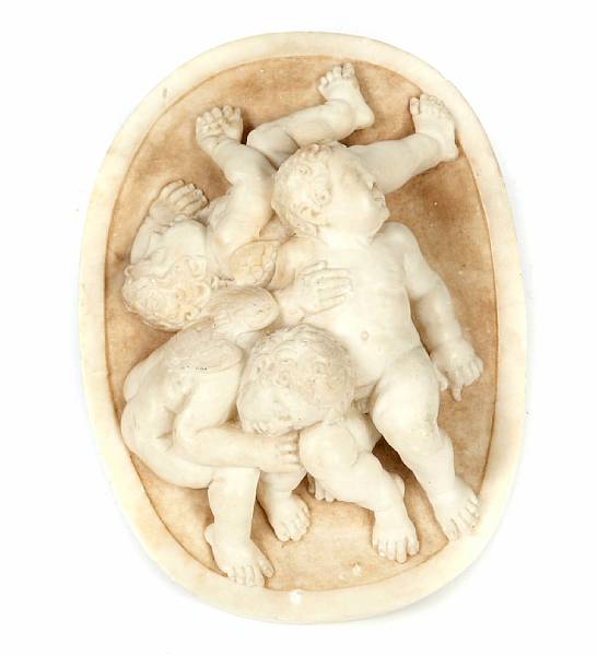 Appraisal: A carved marble figural group of sleeping angels late th