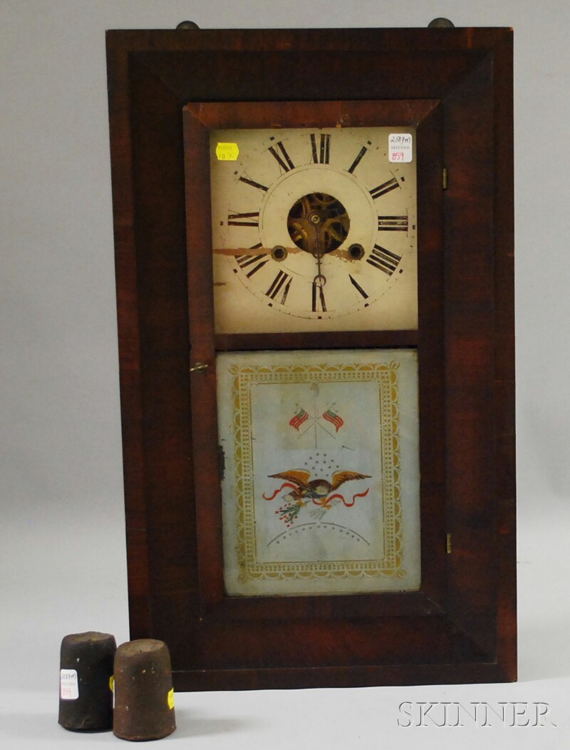 Appraisal: Mahogany Beveled Cased Clock stenciled glass with eagle olive branches