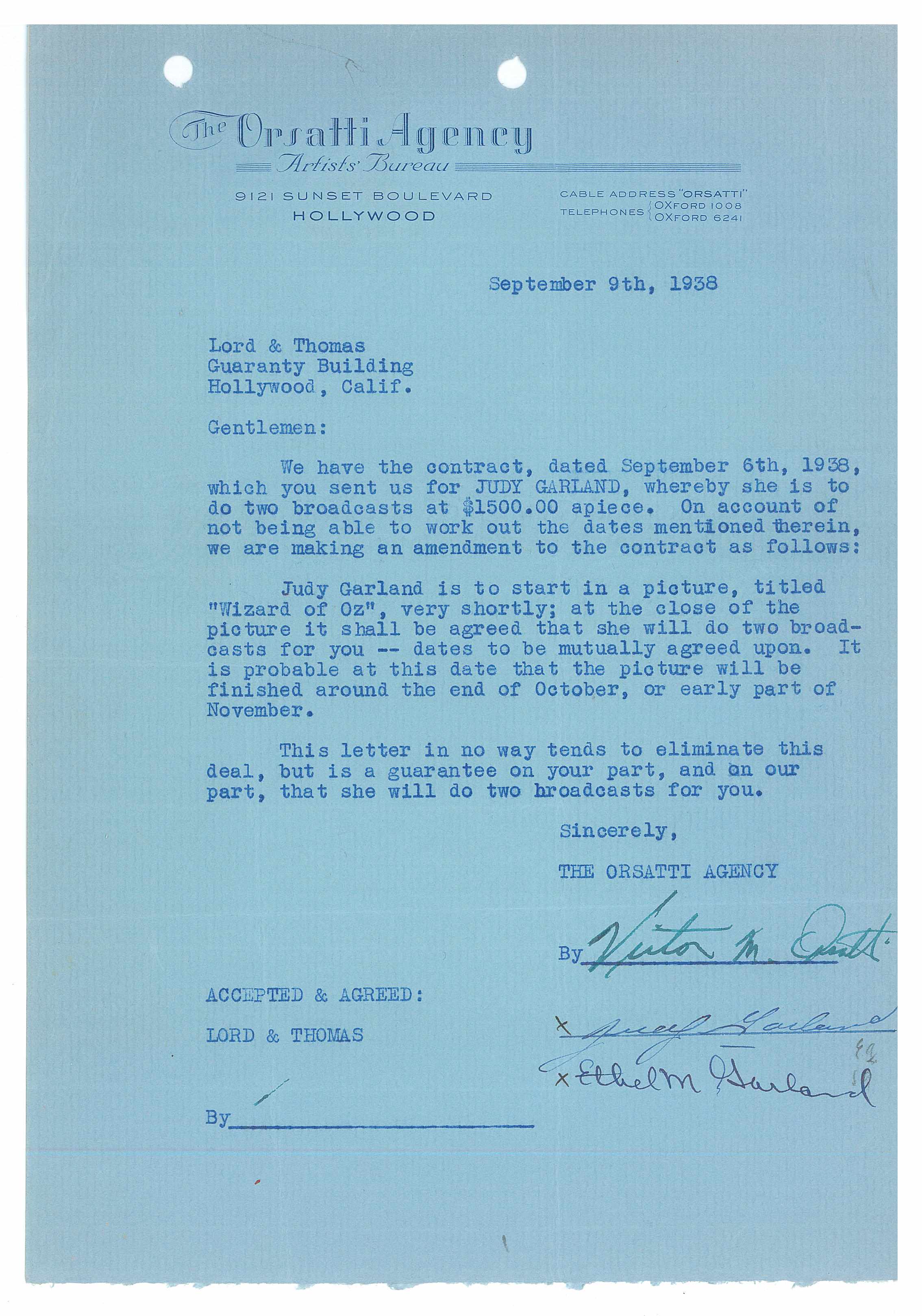 Appraisal: GARLAND JUDY GARLAND CONTRACT MENTIONING ''THE WIZARD OF OZ ''Document