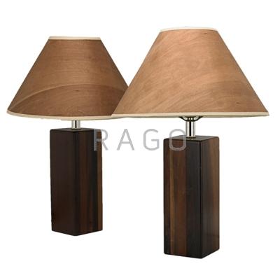 Appraisal: DANISH Pair of laminated walnut bedside lamps with wood veneer