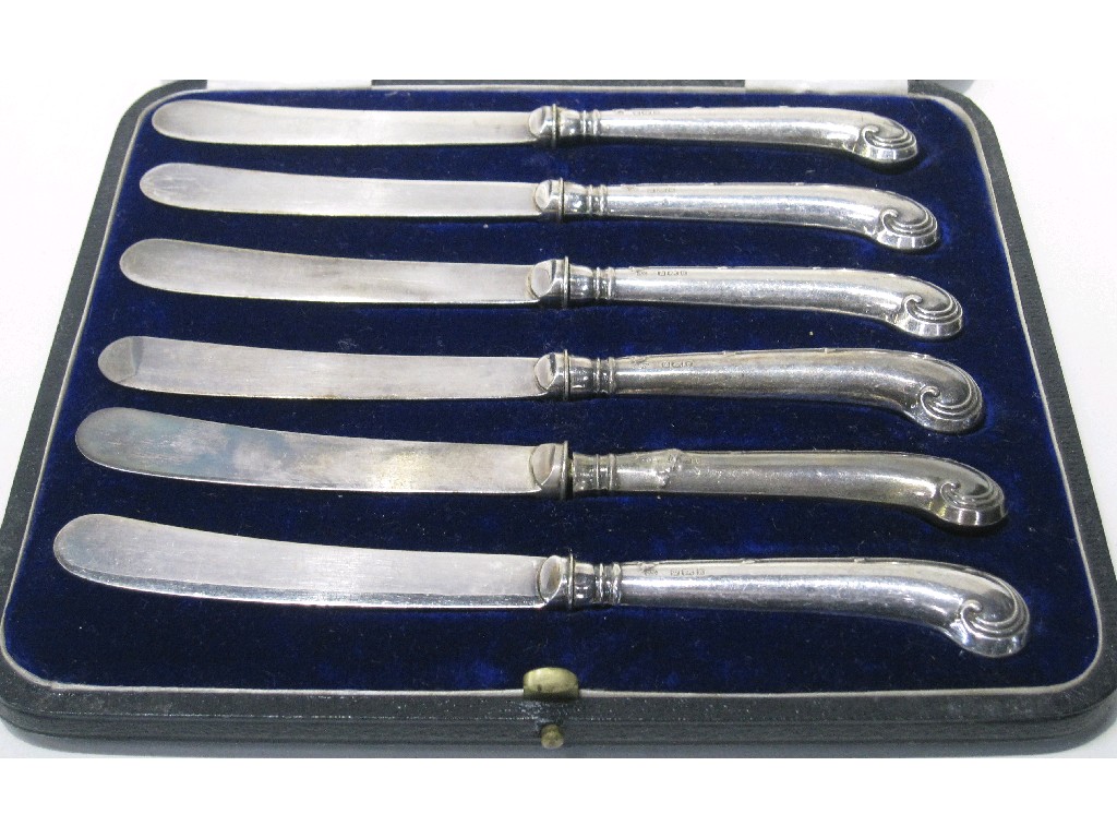 Appraisal: Cased set of six silver pistol grip handled knives Sheffield