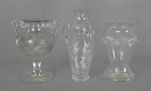 Appraisal: Three cut and etched colorless glass vases tallest - Provenance