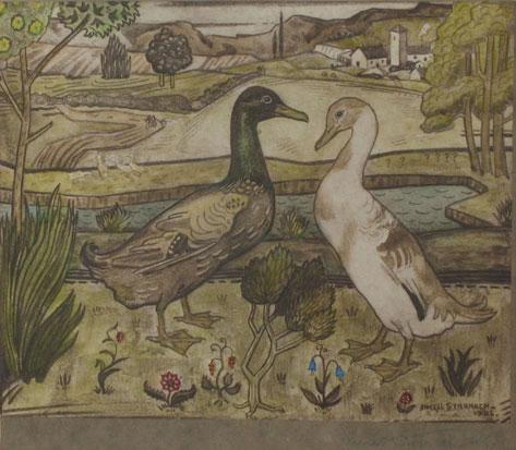 Appraisal: ANCELL STRONACH Ducks by a pond with stylised flowers and