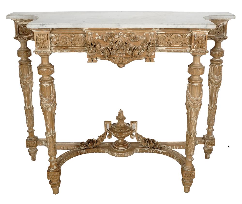 Appraisal: LOUIS XVI STYLE BEECHWOOD MARBLE TOP CONSOLEthe marble top of