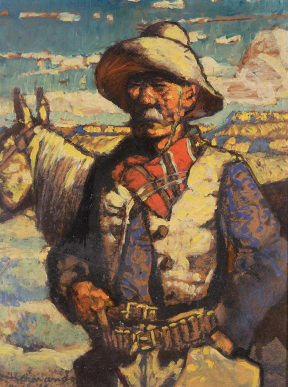 Appraisal: HERNANDO G VILLA California - oil on board weathered cowboy