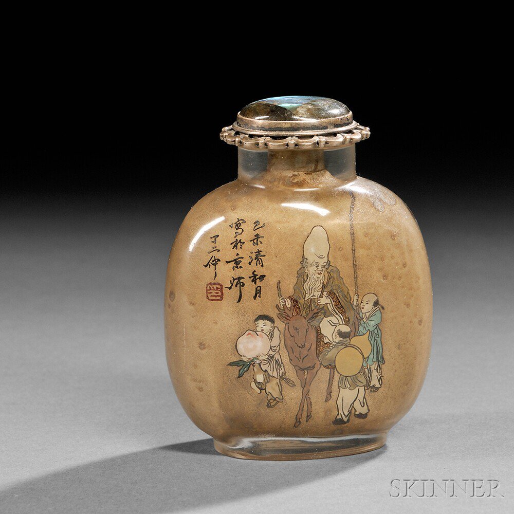 Appraisal: Crystal Snuff Bottle with Interior Painting and Calligraphy China early