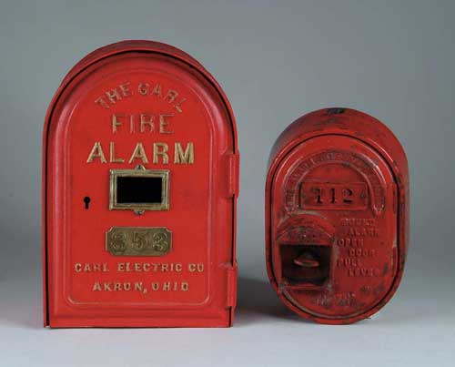 Appraisal: TWO RED CAST IRON FIRE ALARM BOXES high fire alarm