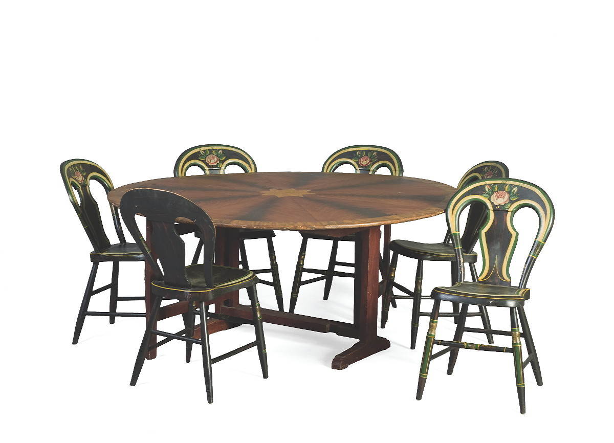 Appraisal: SET OF SIX PENNSYLVANIA PAINT-DECORATED BALLOON-BACK SIDE CHAIRS CIRCA The