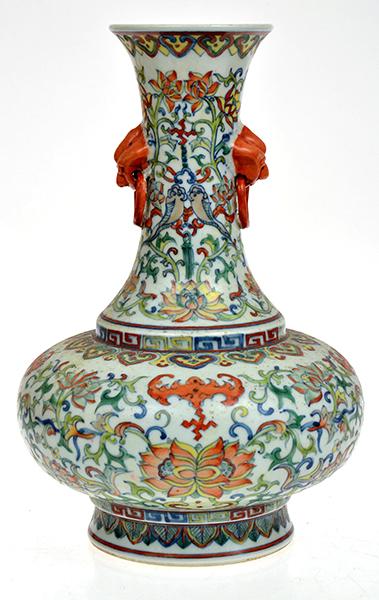 Appraisal: CHINESE DOUCAI PORCELAIN BALUSTER VASE WITH FIGURAL LUGS CM HIGH