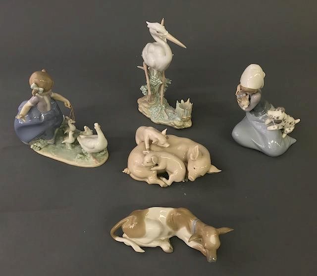 Appraisal: Five Lladro Porcelain Animal Figurines Five Lladro porcelain figurines of