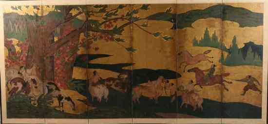 Appraisal: ANONYMOUS Japanese Meiji Period HORSES ink and color on gold