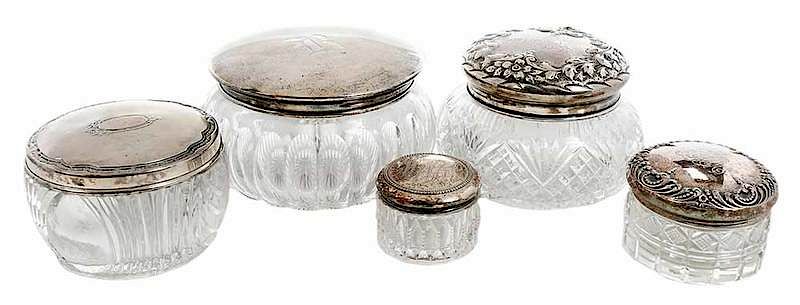 Appraisal: Sterling Lidded Dresser Jars American th century ten with sterling