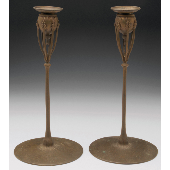 Appraisal: Tiffany Studios candlesticks pair bronze with four organic buttresses at