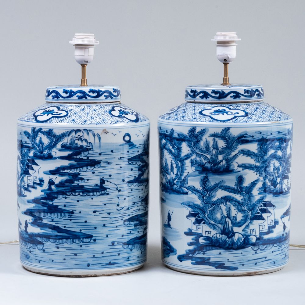 Appraisal: Pair of Chinese Blue and White Jars Mounted as Lamps