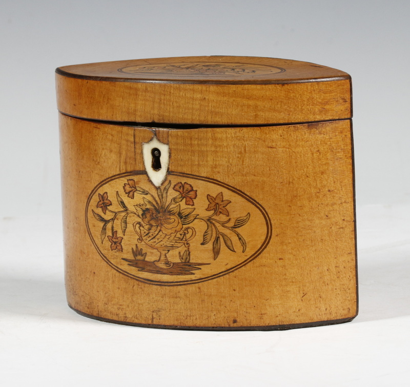 Appraisal: INLAID SATINWOOD TEA CADDY th c Petite Navette Shaped Inlaid