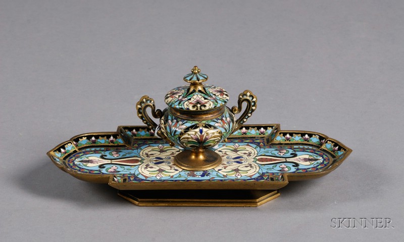 Appraisal: Champleve Bronze Inkstand France th century elongated tray supporting an