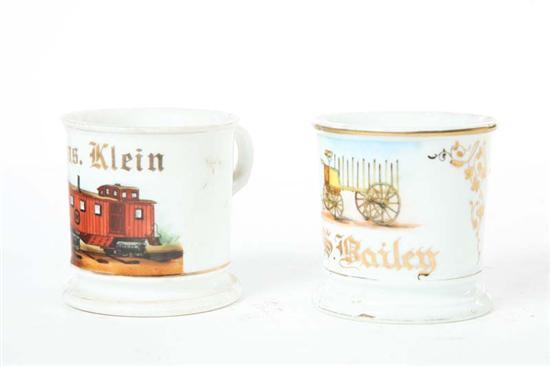 Appraisal: TWO OCCUPATIONAL SHAVING MUGS A train conductor's mug polychrome on