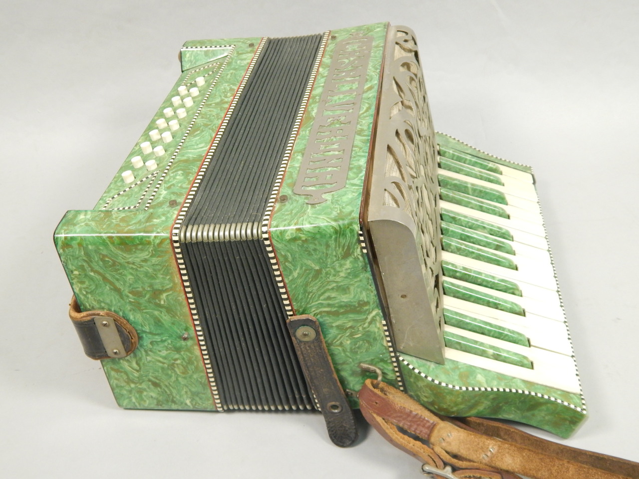 Appraisal: A Cassali Verona piano accordion in green marbled Bakelite type