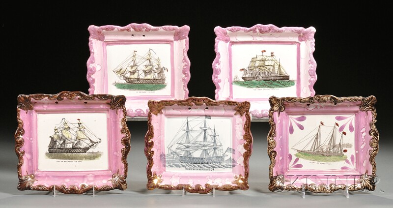 Appraisal: Five Sunderland Pink Lustre Transfer-decorated Pottery Plaques England second quarter