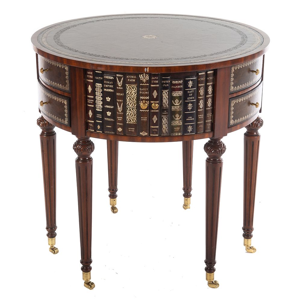 Appraisal: Maitland Smith Leather Top Drum Table With painted leather edge