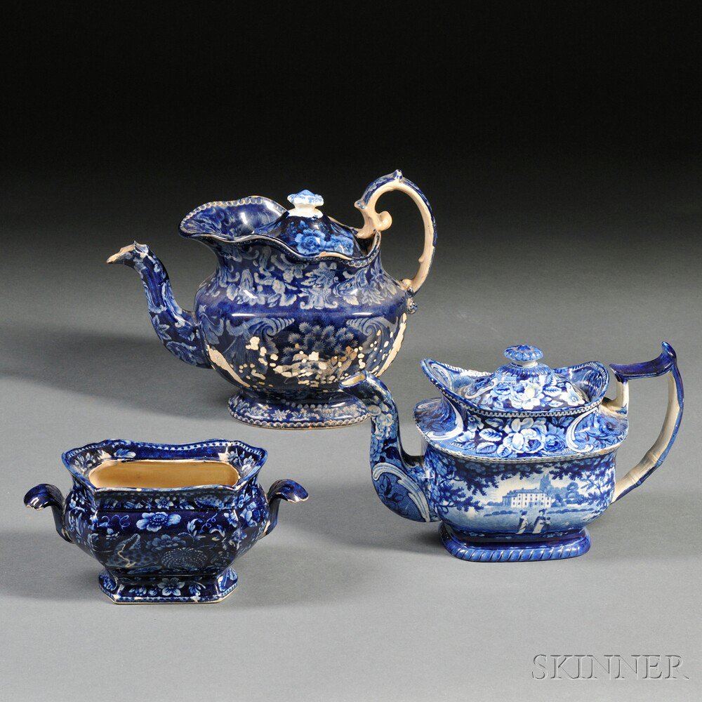 Appraisal: Three Blue Transfer-decorated Staffordshire Pottery Table Items England early th