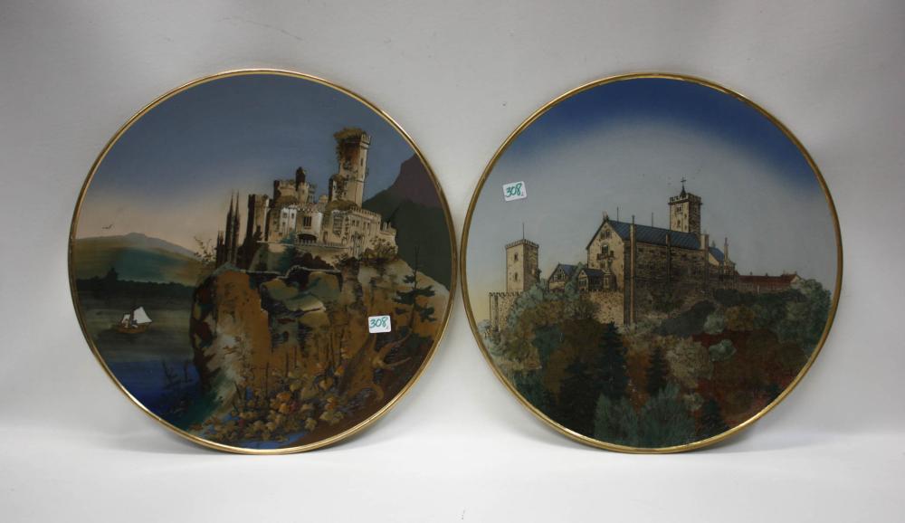 Appraisal: TWO METTLACH ETCHED POTTERY PLAQUES Wartburg Castle and Stolzenfels Castle