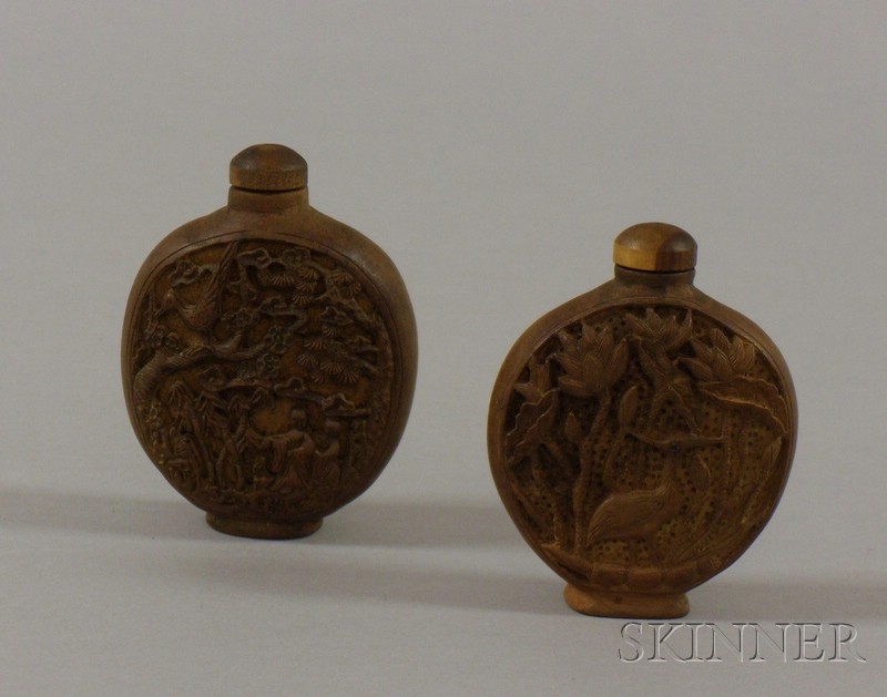 Appraisal: Two Asian Carved Wood Snuff Bottles