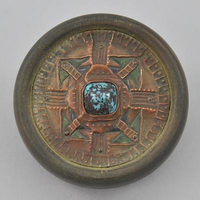 Appraisal: An Oversized Wooden and Metal Button with Turquoise Cabochon Carved