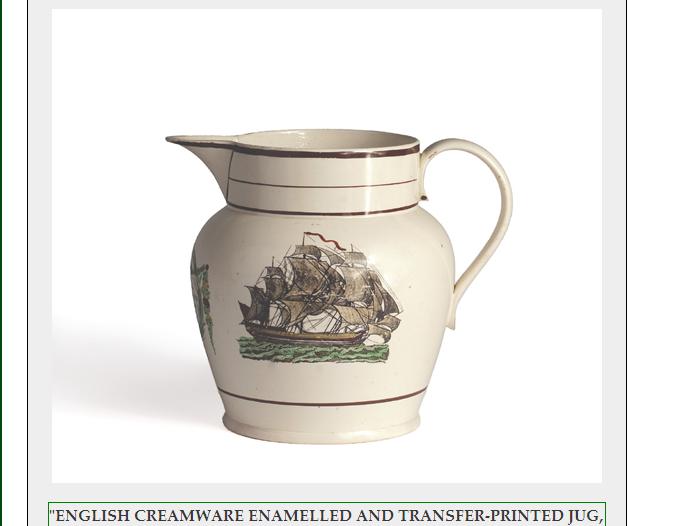 Appraisal: ENGLISH CREAMWARE ENAMELLED AND TRANSFER-PRINTED JUG - Height inches Est