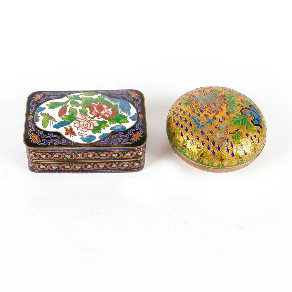 Appraisal: TWO CHINESE BRONZE CLOISONNE TRINKET BOXES One round one rectangle