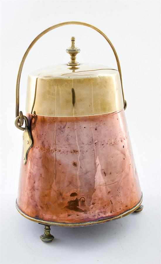 Appraisal: Copper and brass covered storage container late th century round