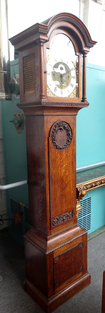 Appraisal: A th century oak eight day Westminster chime longcase clock