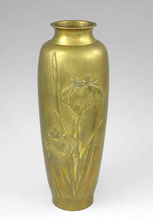 Appraisal: JAPANESE BRONZE IRIS VASE Embossed iris flower and butterfly motif