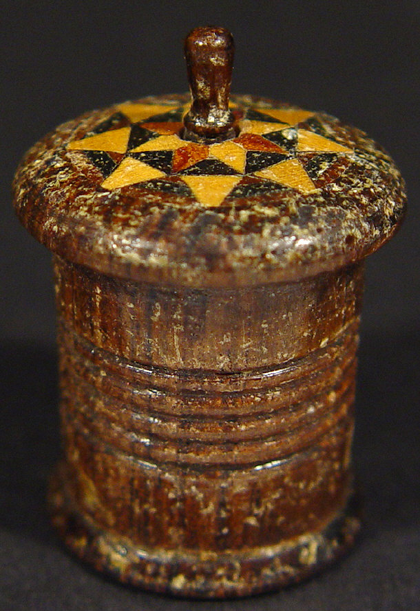 Appraisal: th Century Tunbridgeware barrel-shaped sewing tape measure with inlaid decoration