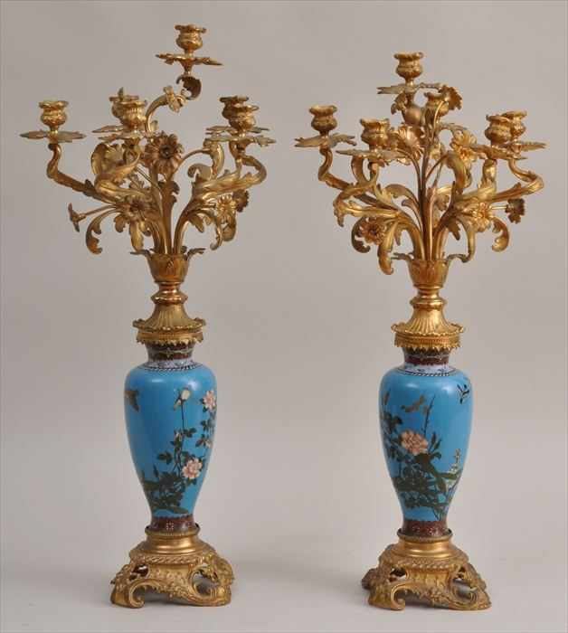 Appraisal: PAIR OF LOUIS XV-STYLE SIX-LIGHT CANDELABRA ON JAPANESE CLOISONN VASES