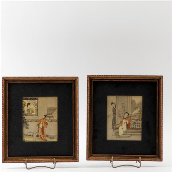 Appraisal: Pair of Japanese color woodblock prints depicting figures in architectural