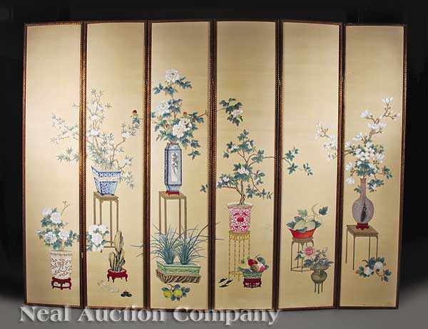 Appraisal: A Highly Decorative Chinoiserie Six Panel Floor Screen ink color