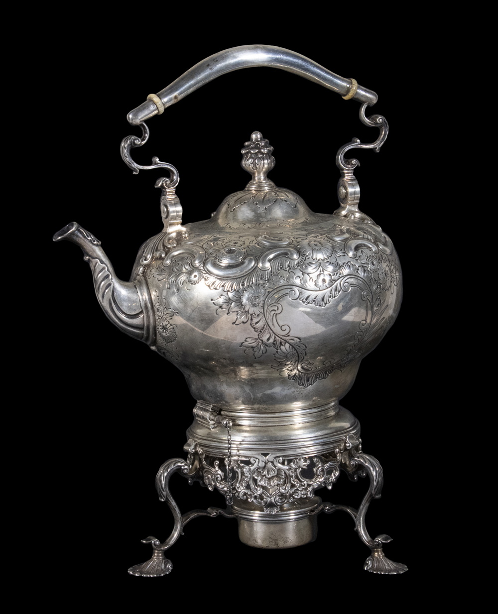 Appraisal: SILVER HOT WATER KETTLE ON STAND American Sterling Silver Hot