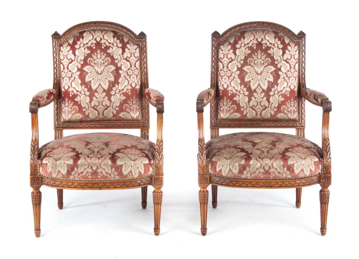 Appraisal: Pair of Louis XVI carved beechwood fauteuils shaped upholstered panel