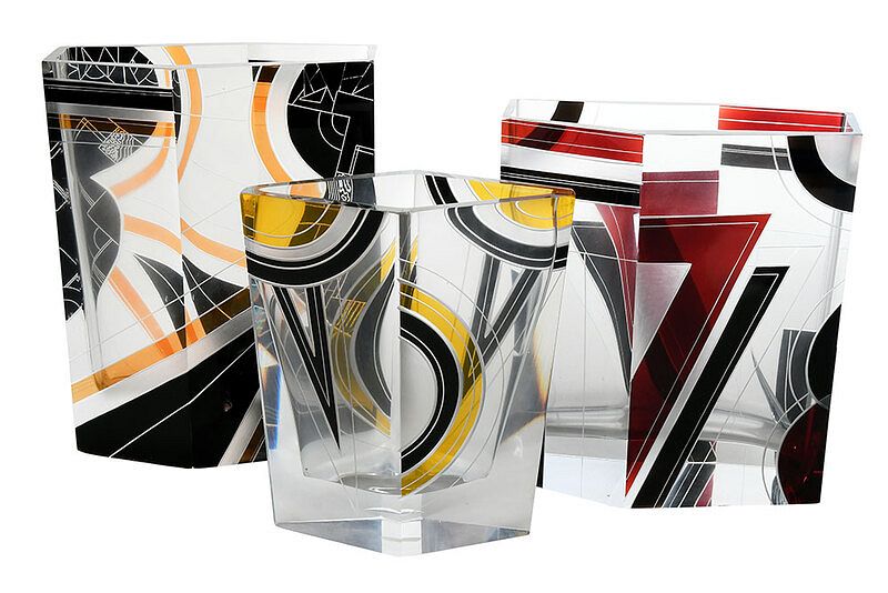 Appraisal: Three Czech Art Deco Enameled Glass Vases circa s probably