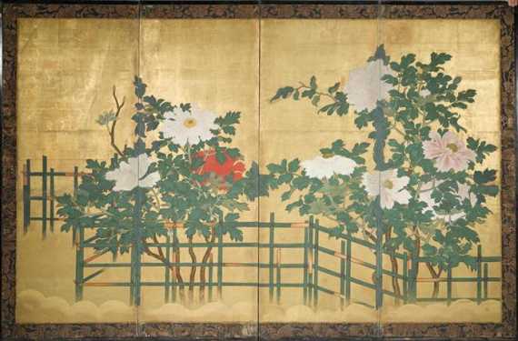 Appraisal: FOURFOLD SCREEN WITH PEONY DESIGN ON GOLDLEAF GROUND Japan th