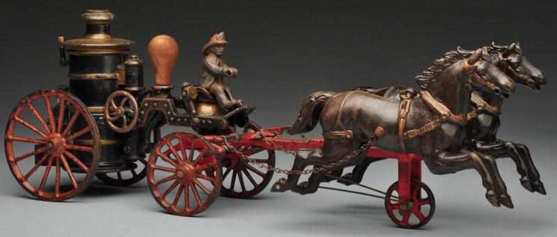 Appraisal: Cast Iron Ives Fire Pumper Horse-Drawn Toy Description American Phoenix