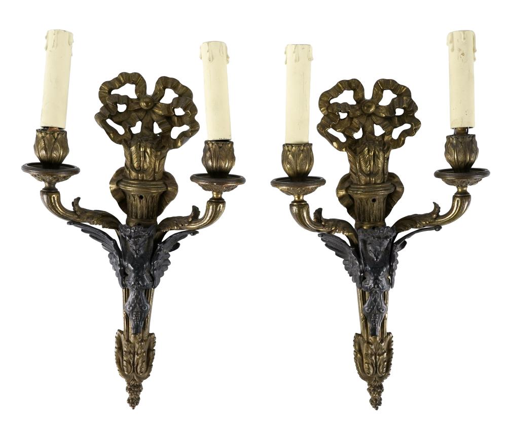 Appraisal: PAIR OF NEOCLASSICAL TWIN-LIGHT WALL SCONCESpatinated and gilt bronze electrified